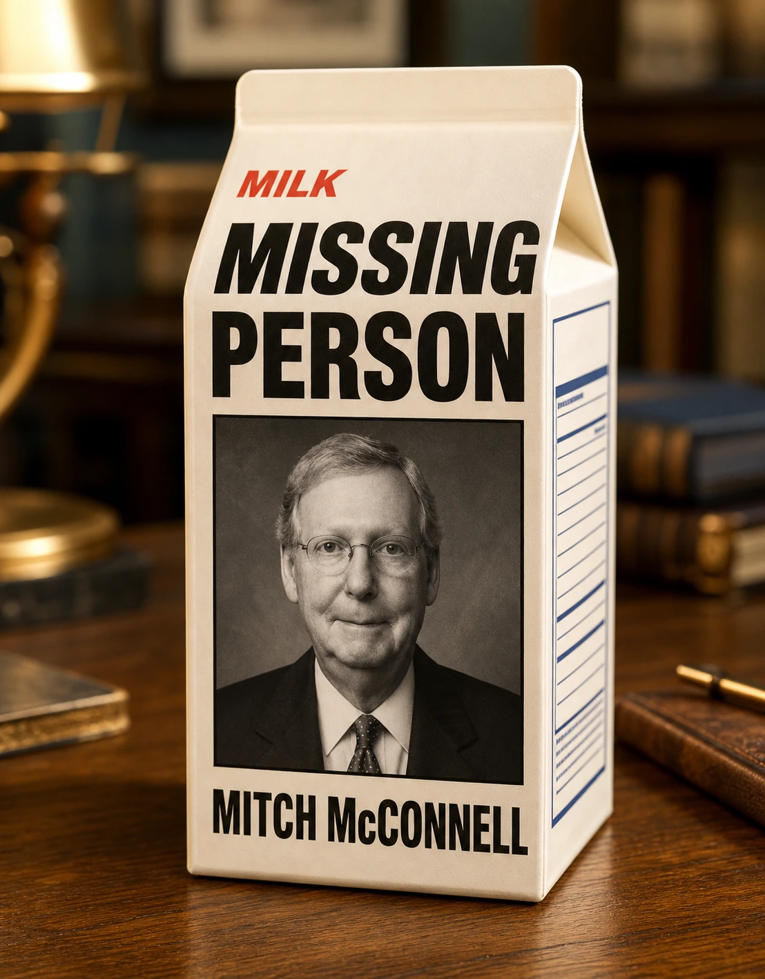 A cream milk carton printed with a missing-person notice for Mitch McConnell.